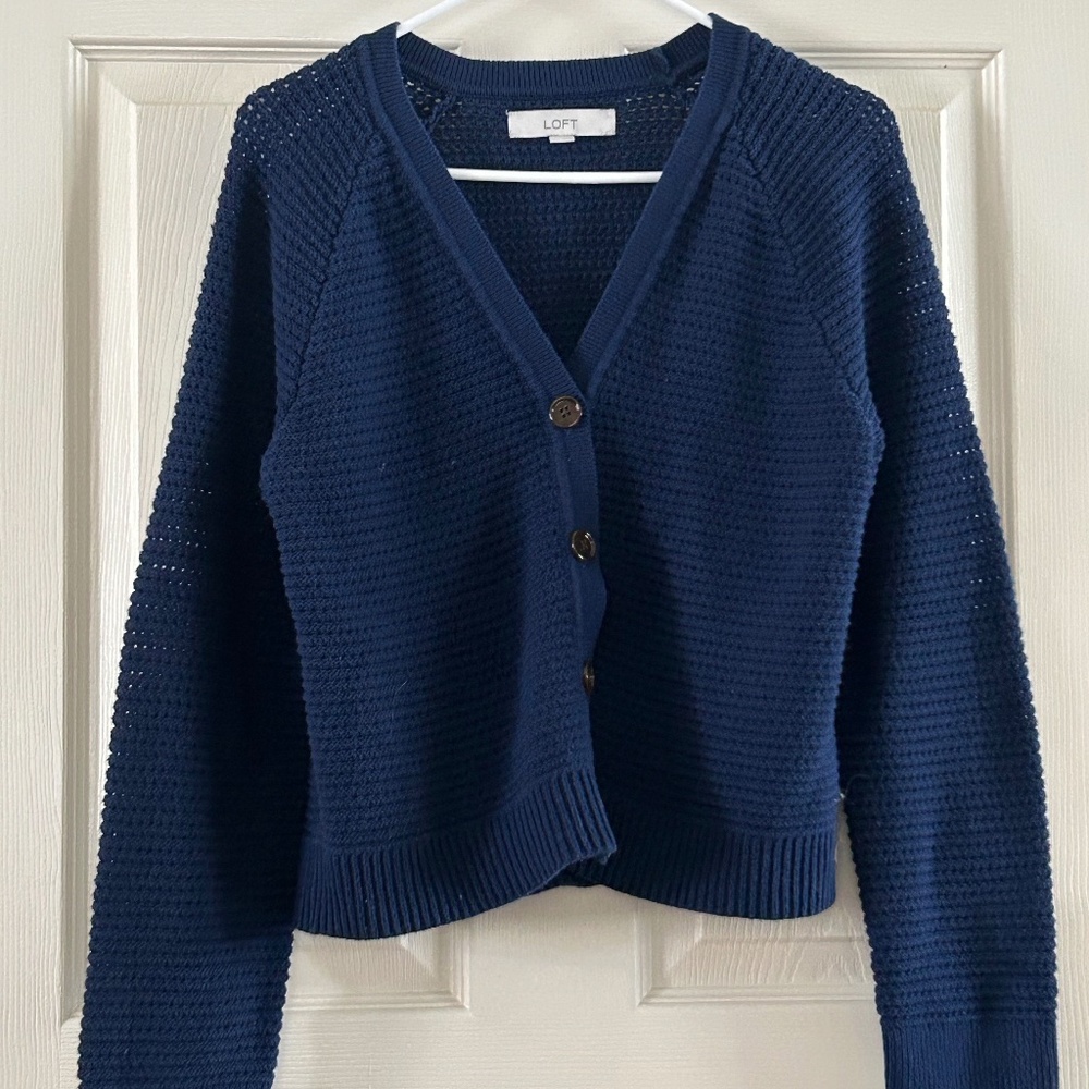 LOFT Cotton Cardigan, Size M, Navy